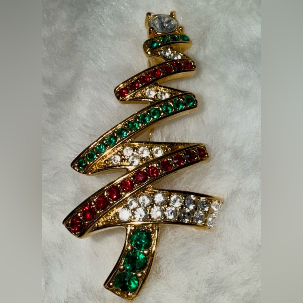 Vintage Monet Gold Christmas Tree Brooch with Red, Green, and White Rhinestones